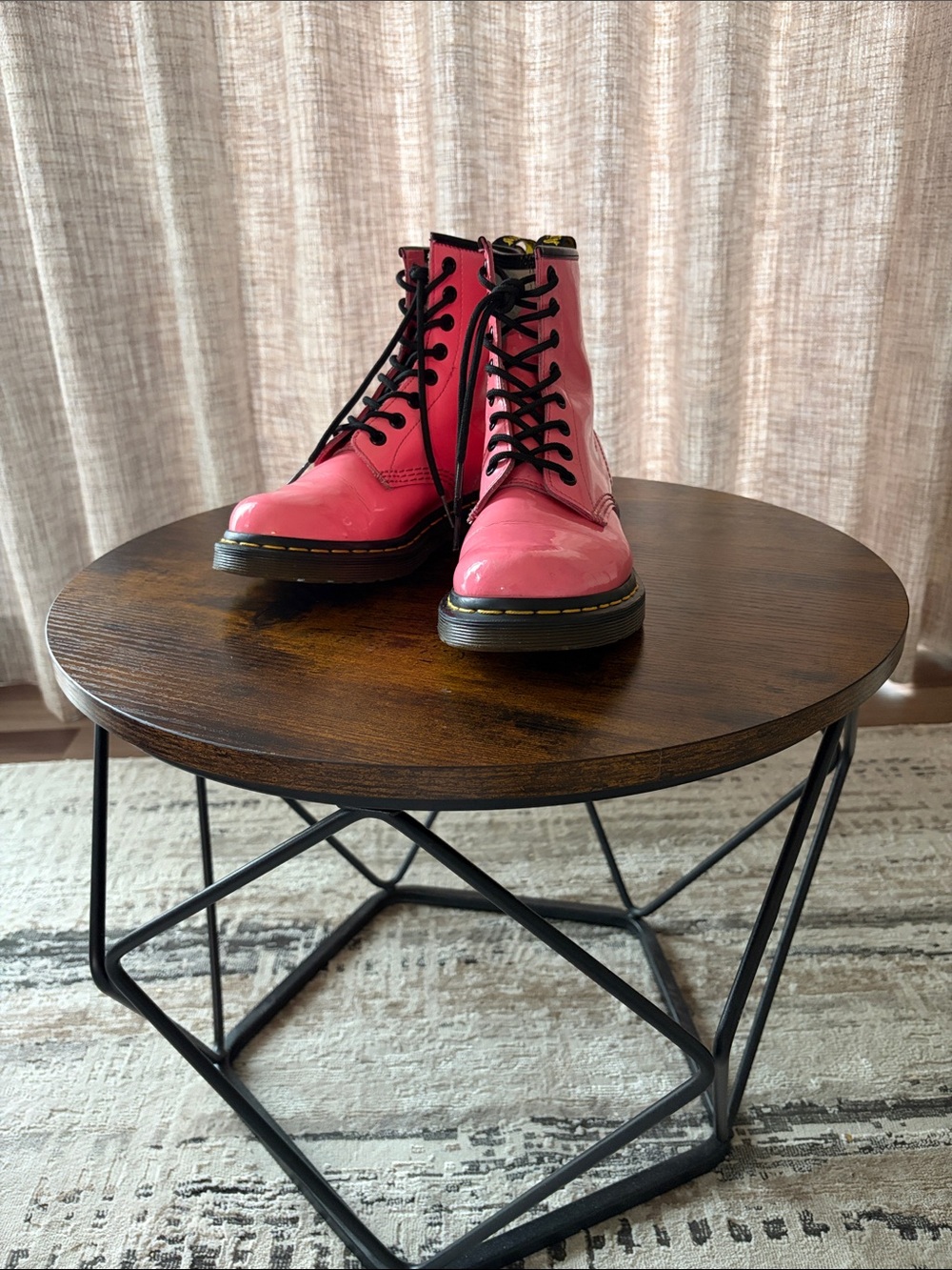 Dr. Martens Pink Patent Lace-Up Combat Boots with Black Trim
